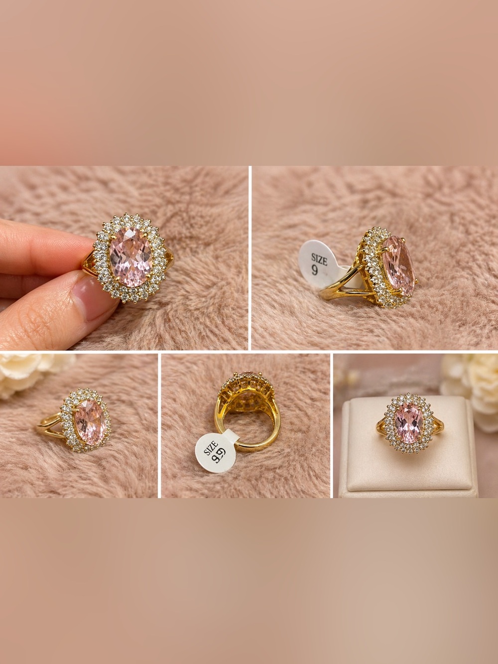 Pink Gemstone Halo Statement Ring Gold Tone Size 9 Sparkly Cocktail Ring